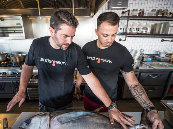 Tender Greens focused chefs placing hands on fish selection