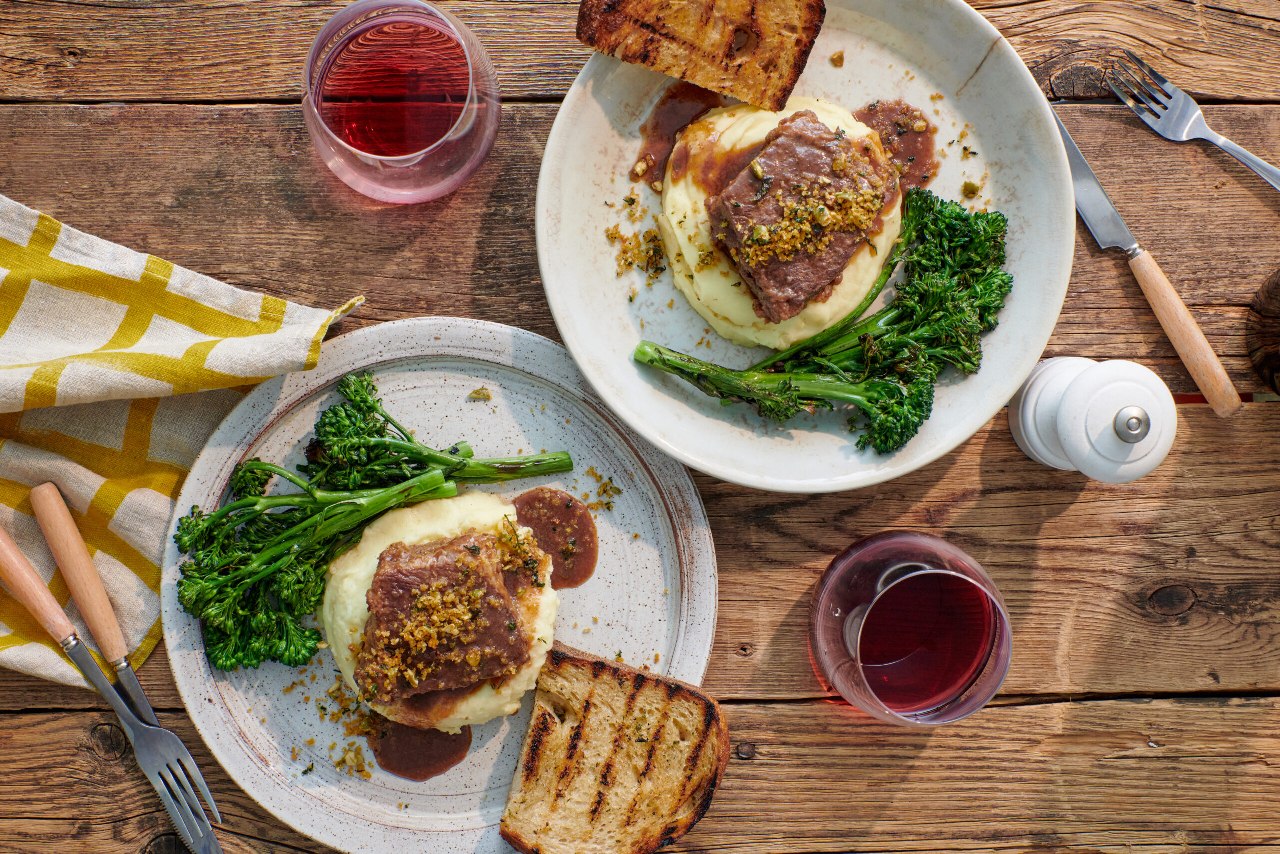 Tender Greens beef, mashed potato, and broccoli dishes