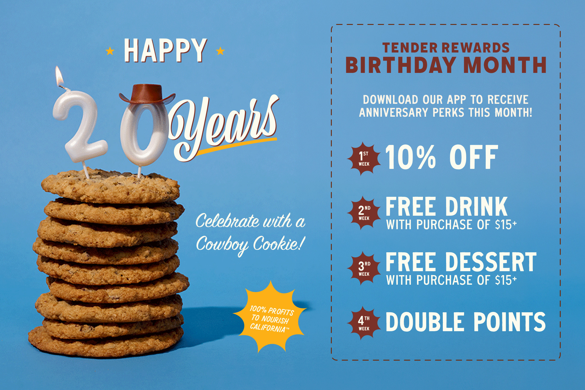 Happy 20 years. Celebrate with a cookie. 100% profits to Nourish California. TENDER REWARDS BIRTHDAY MONTH DOWNLOAD OUR APP TO RECEIVE ANNIVERSARY PERKS THIS MONTH! 1ST WEEK 10% OFF 2ND WEEK 3RD WEEK FREE DRINK WITH PURCHASE OF $15+ FREE DESSERT WITH PURCHASE OF $15+ 4™H WEEK DOUBLE POINTS